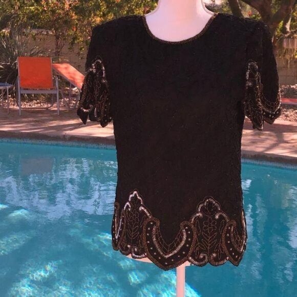 Laurence Kazar Silk Blouse Size PP Vintage Black Gold Beaded Lined Shoulder Pads - Picture 8 of 12